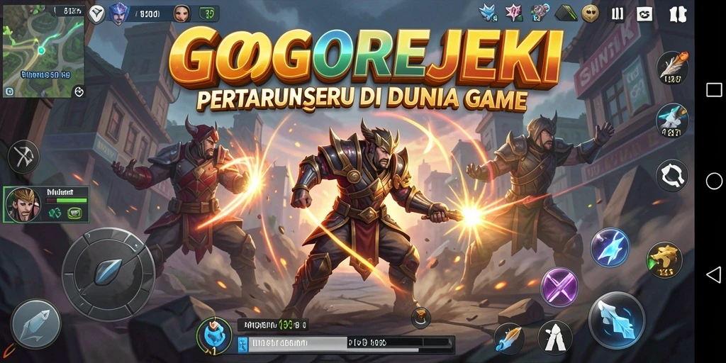 Screenshot GOGOREJEKI menunjukkan karakter bertarung dalam arena yang dinamis.