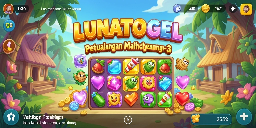 Tangkapan layar gameplay LUNATOGEL dengan objek match-3 yang berwarna-warni.