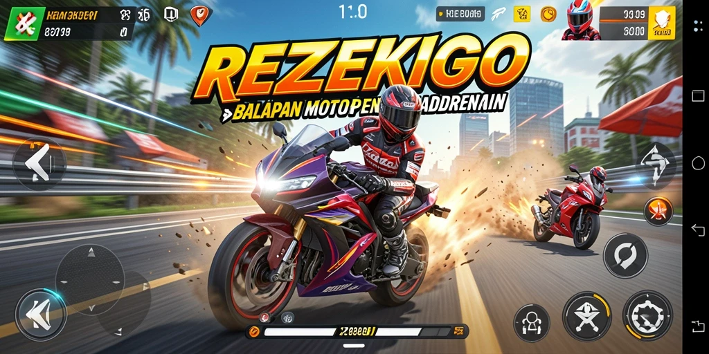 Gameplay mendebarkan di REZEKIGO dengan balapan motor yang seru.